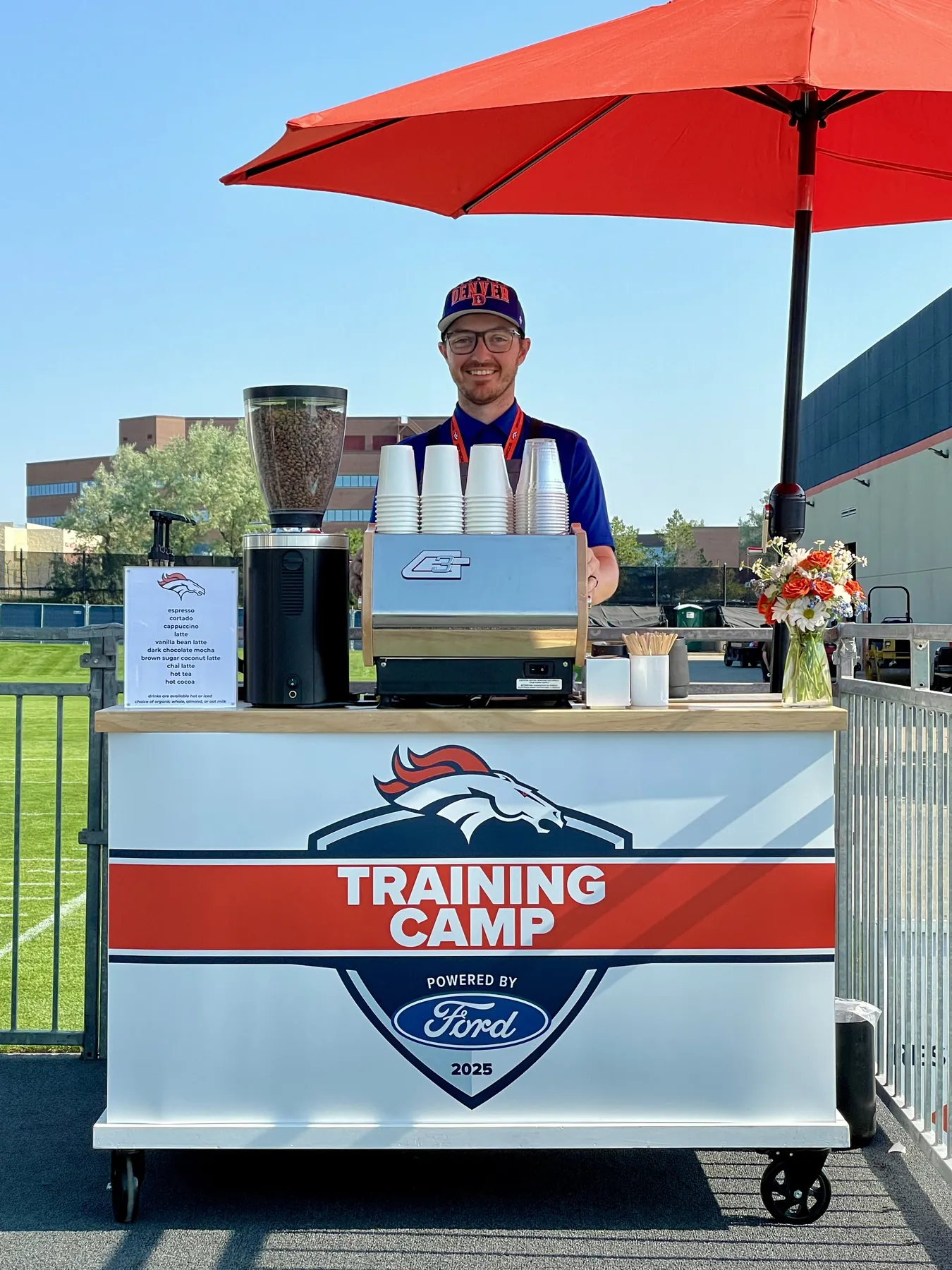 Flipside coffee cart set up for a Denver Broncos event